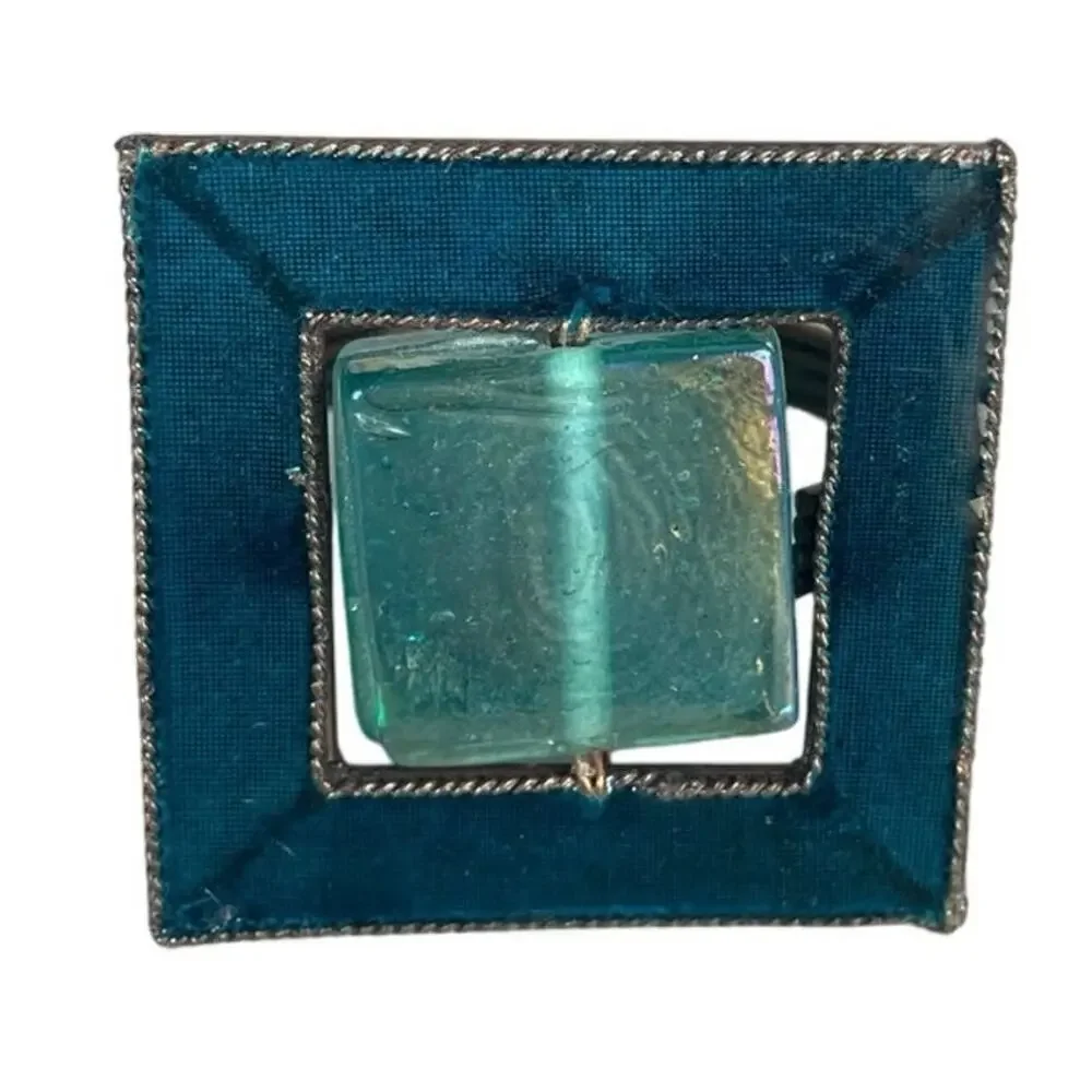 Pier 1 Set of 4 Turquoise Blue Dichroic Glass Copper Napkin Rings